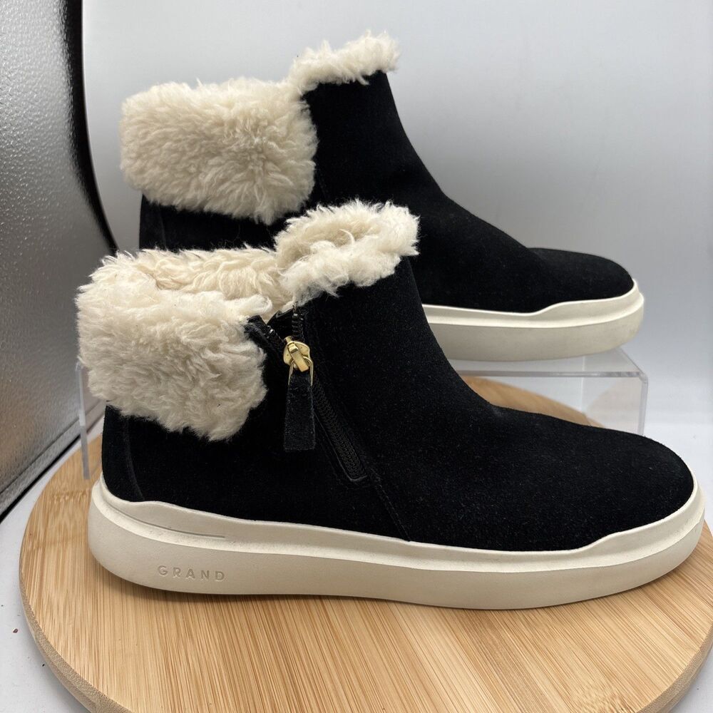 Cole Haan GrandPro Rally Booties 10B Black Waterproof Zip Faux Fur Collar zip